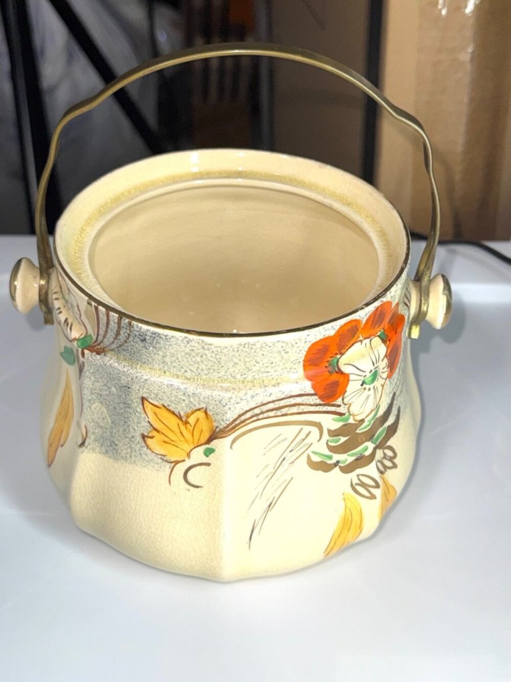 Vintage English Ceramic Biscuit Barrel With Brass Handle - No Lid
